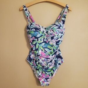 NIP TUCK SWIM Joanne Colorful Floral Twist Front Slimming On Piece Swimsuit SZ 8